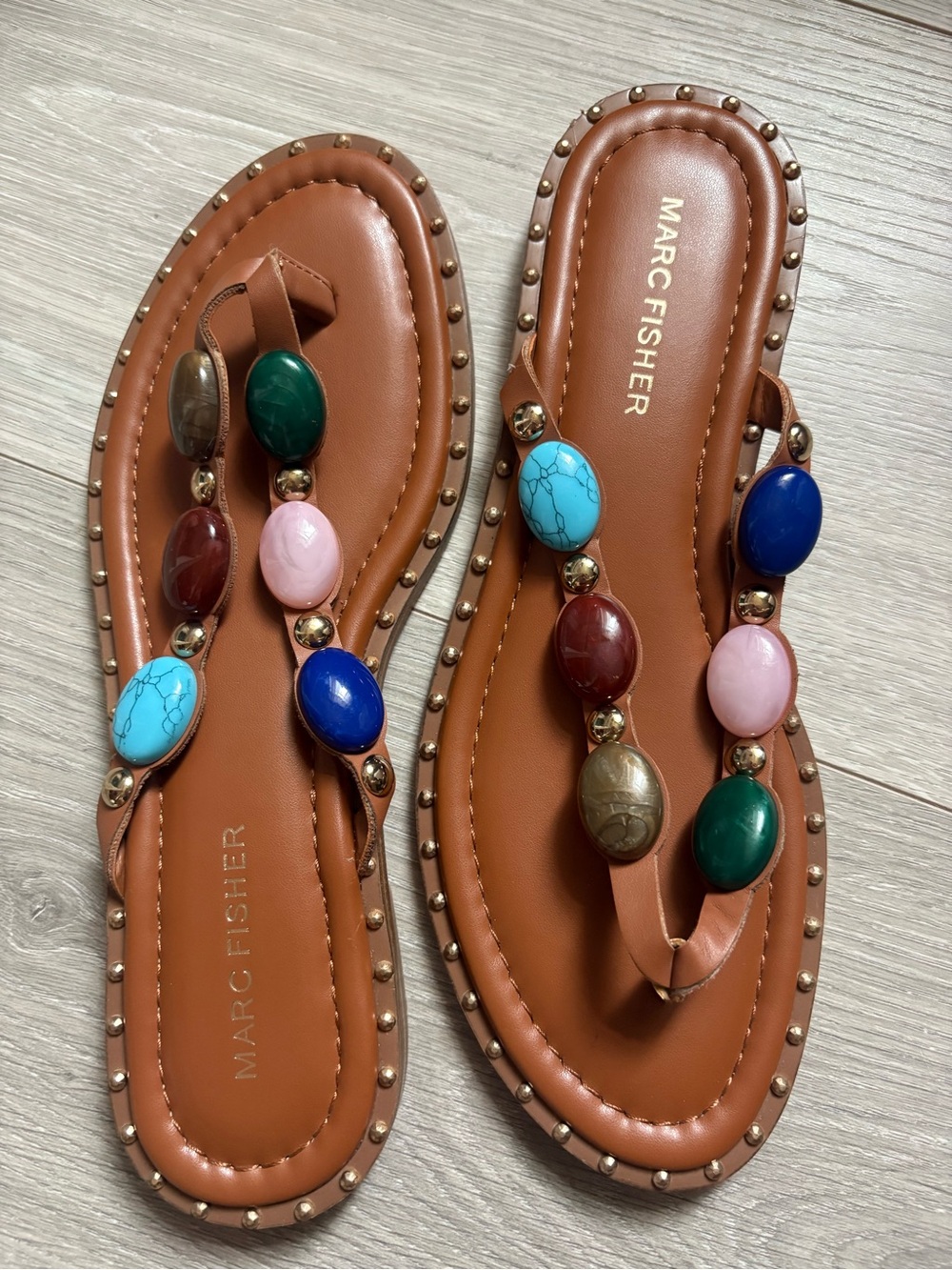 Marc Fisher Tan Leather Beaded Toe-Post Sandals with Multicolor Stones